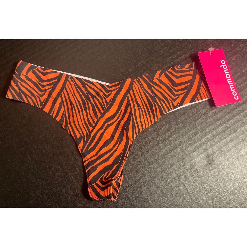 Commando City Stripes Animal Print Tong‎ Panty Orange Black Size S/M